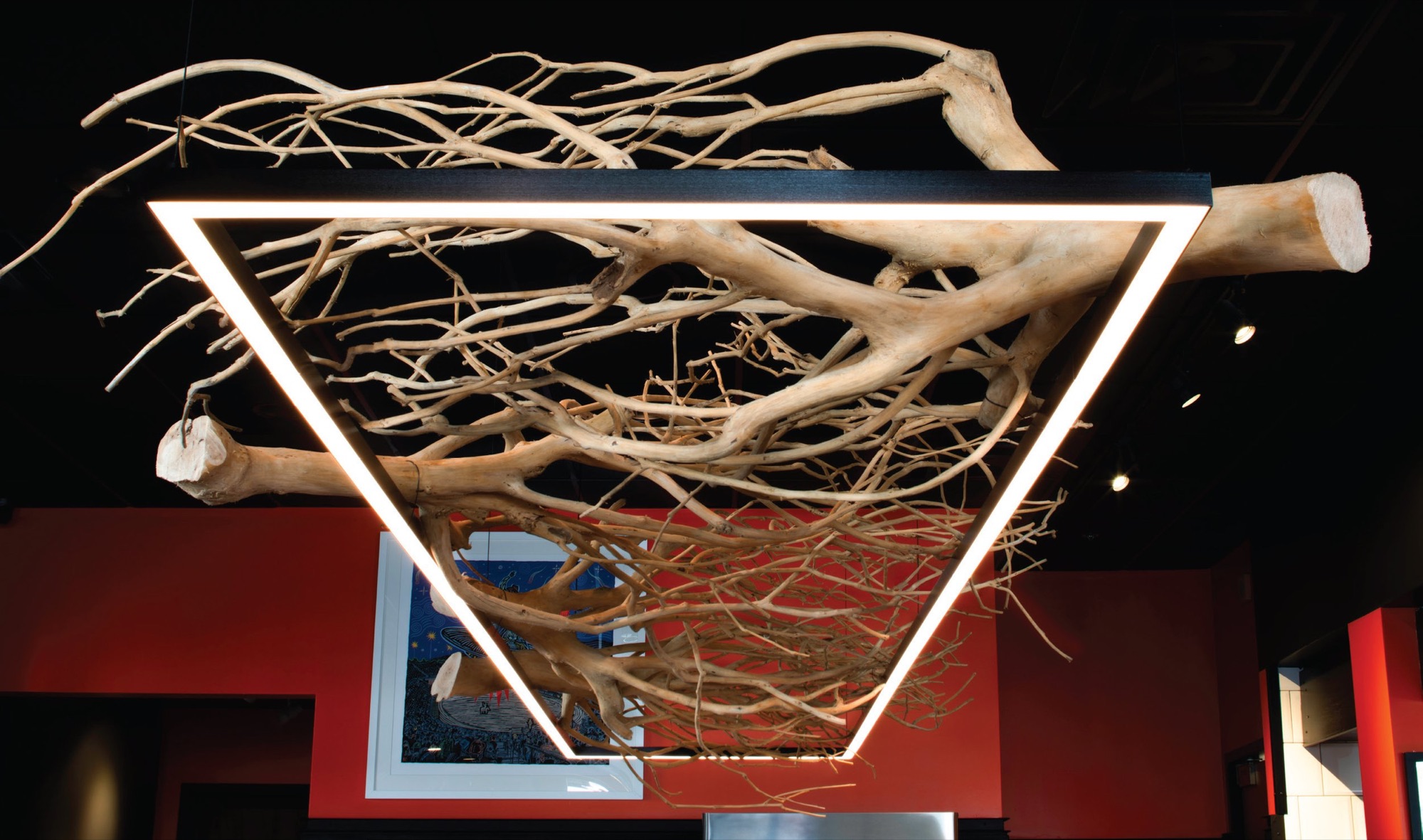Sculptural branch chandelier framed in light at Feta Cowboy