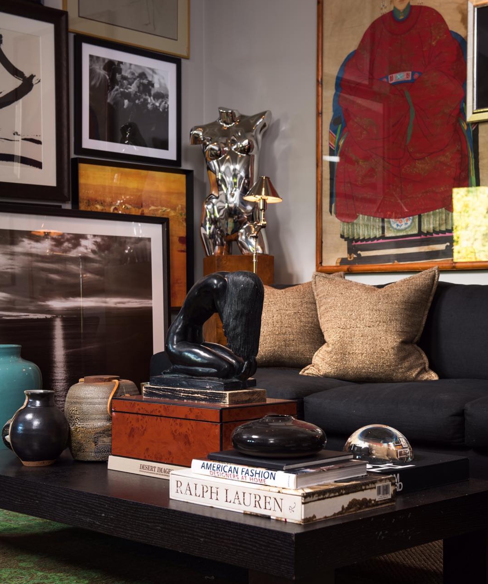Study with a writing desk and framed artwork