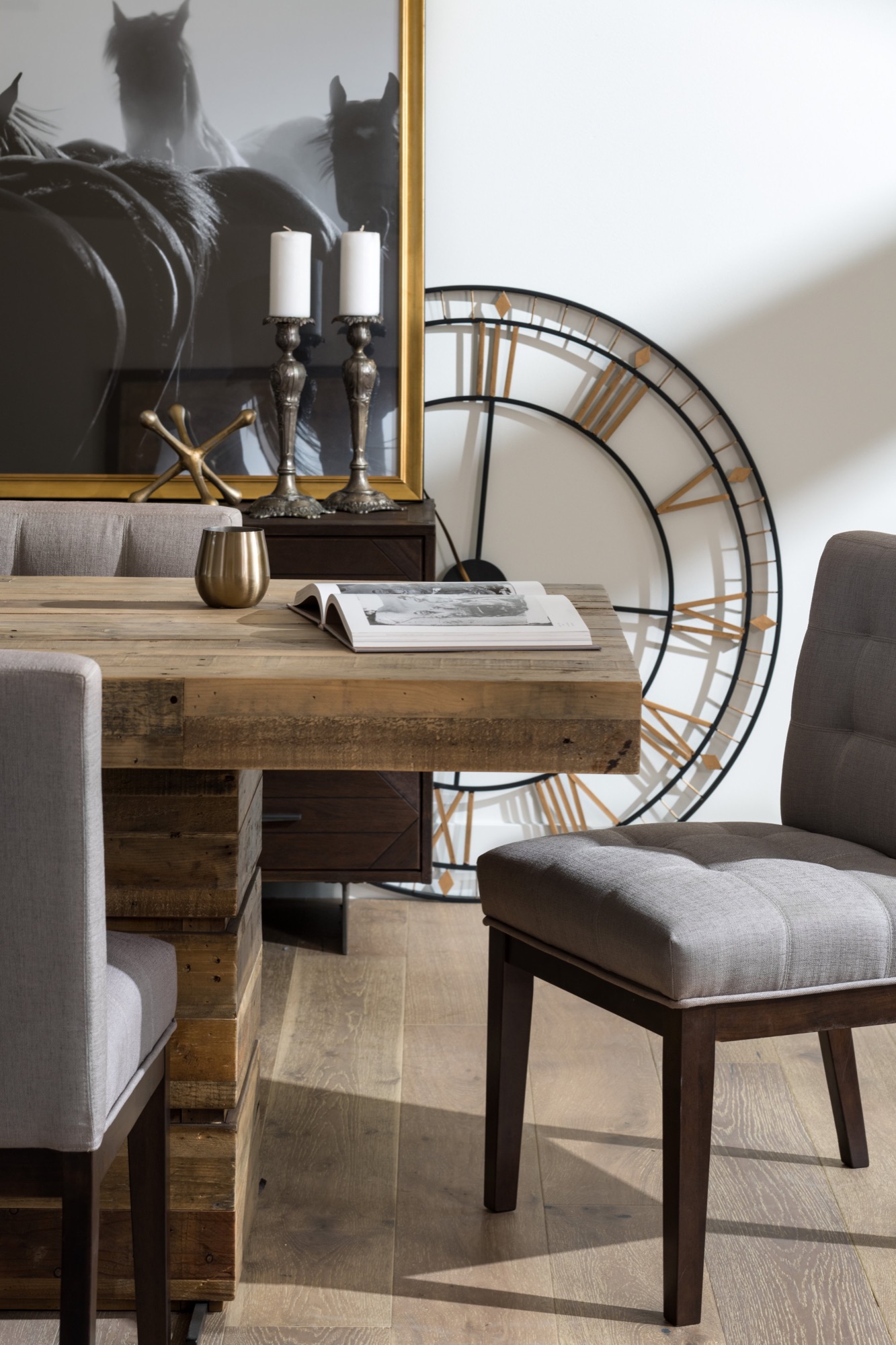 Desk vignette with a large iron clock